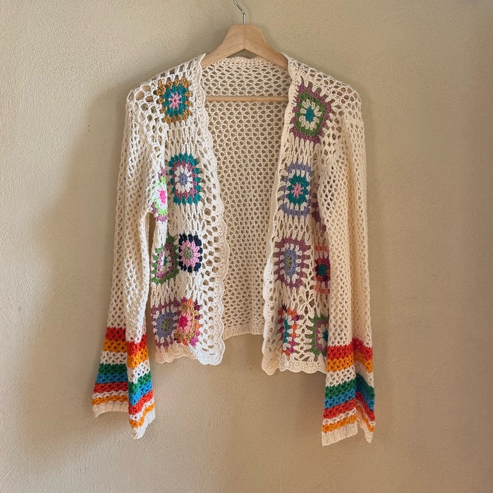 Floral Multi Color Granny Square Crochet Striped Bell Sleeve Cardigan Sweater S